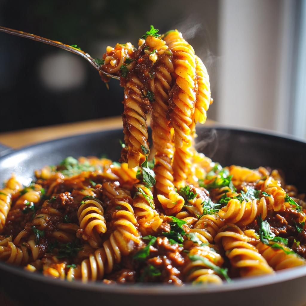 A fork lifting steaming fusilli pasta coated in a rich, creamy high protein beef sauce, garnished with fresh parsley.
