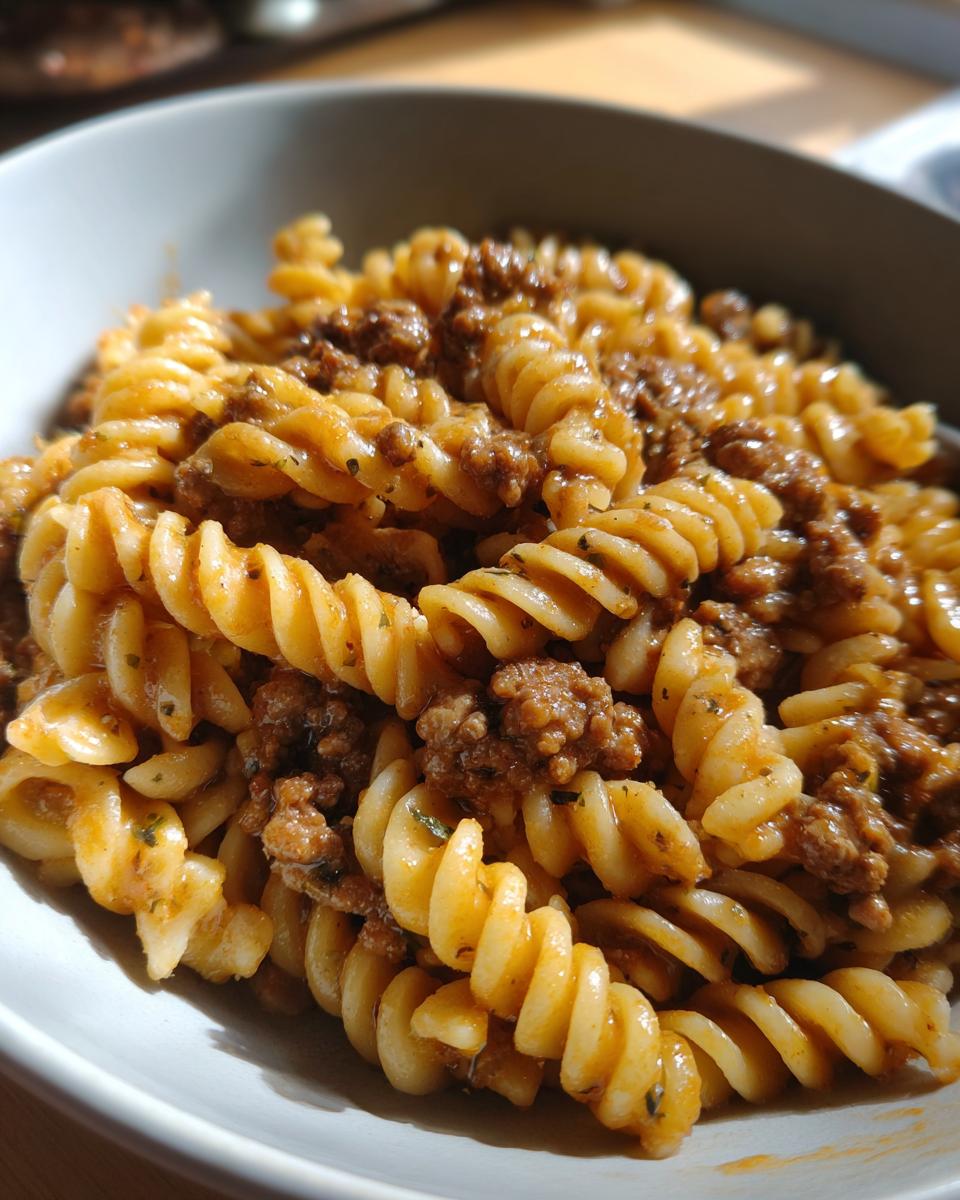 A bowl of creamy high protein beef pasta featuring fusilli noodles and a rich meat sauce.