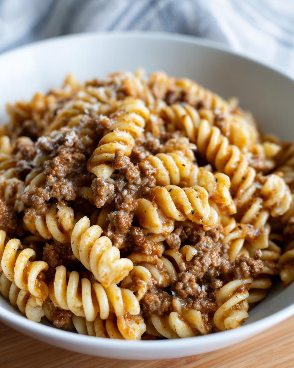A bowl of Creamy High Protein Beef Pasta with fusilli noodles and ground beef sauce, topped with grated cheese.