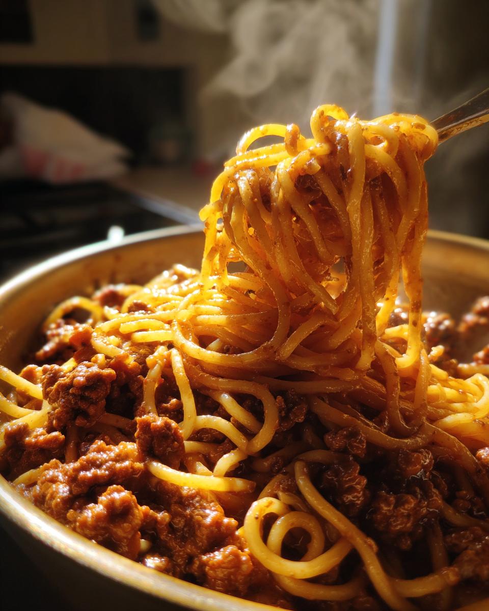 A fork lifting a steaming portion of creamy high protein beef pasta from a bowl.