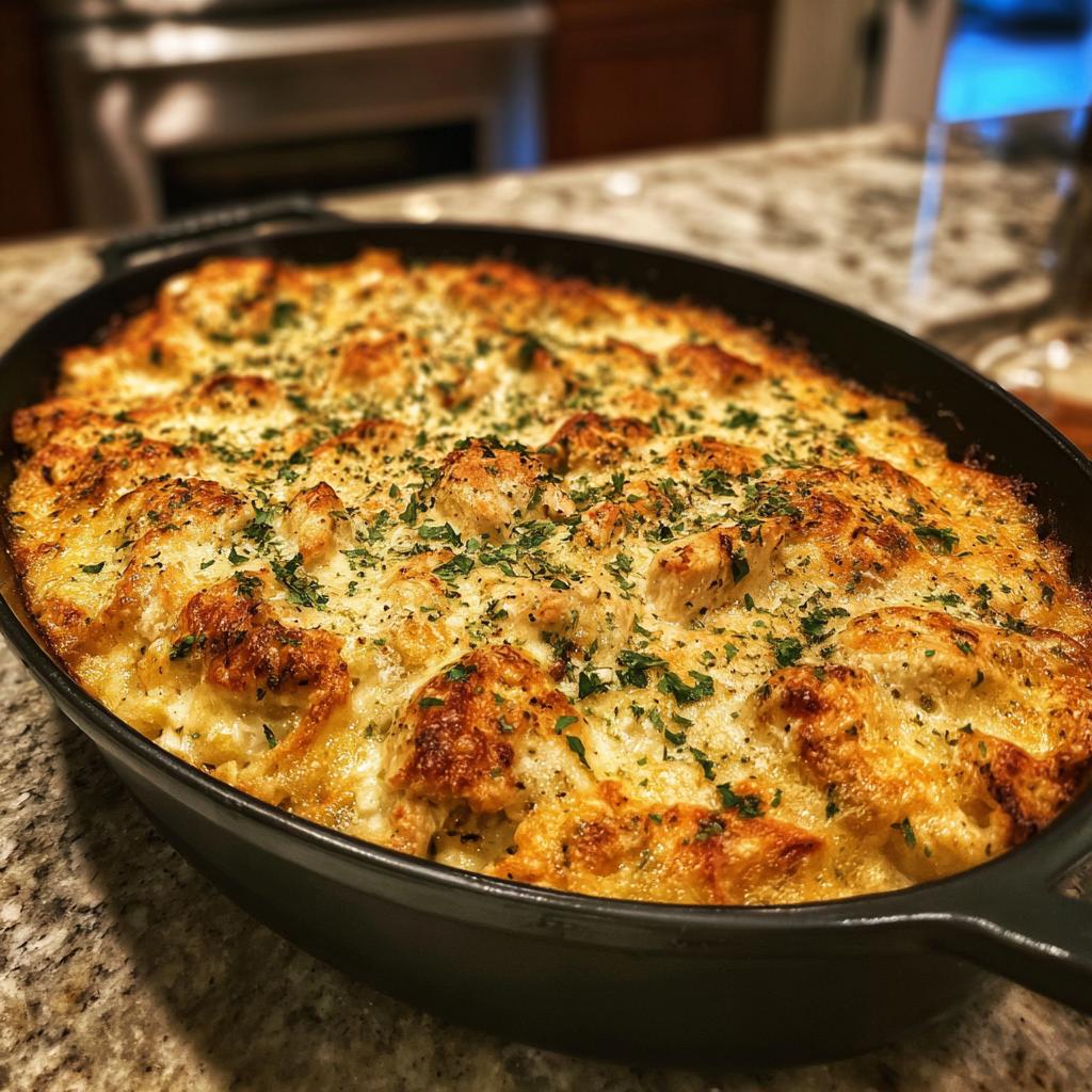 A freshly baked Creamy Low Carb Chicken Casserole in a black oval dish, topped with melted cheese and parsley.