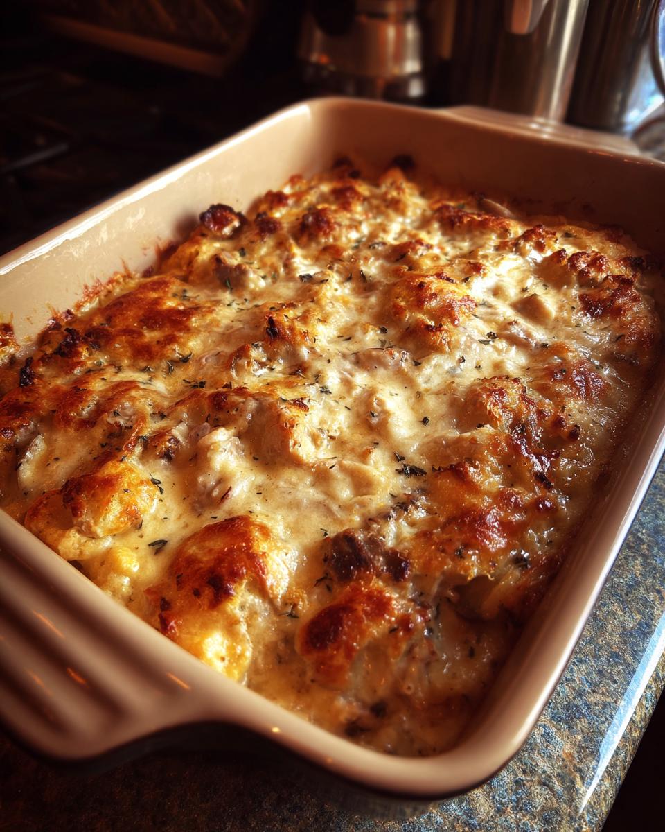 A golden-brown, bubbly Creamy Low Carb Chicken Casserole fresh from the oven in a baking dish.