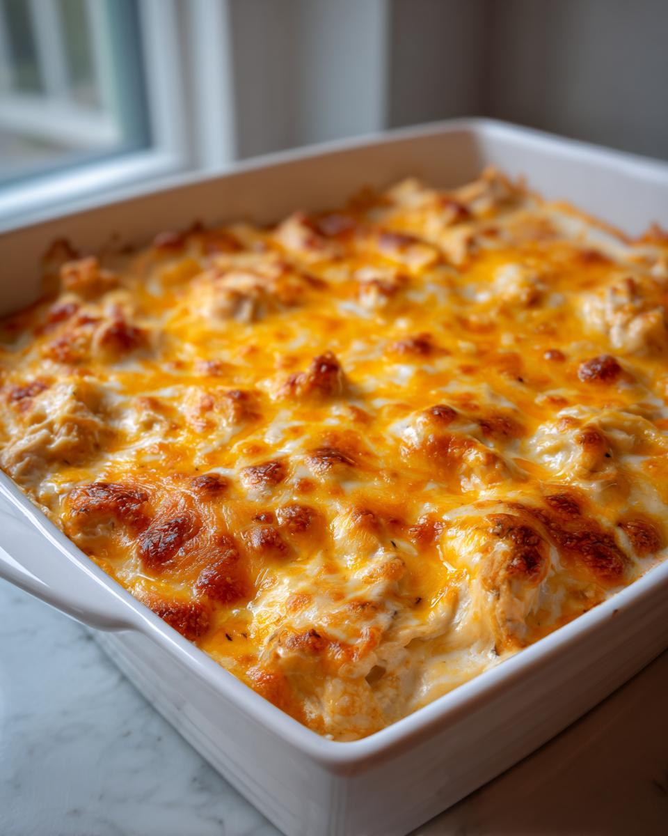 Close-up of a freshly baked Creamy Low Carb Chicken Casserole in a white baking dish, topped with melted golden cheese.