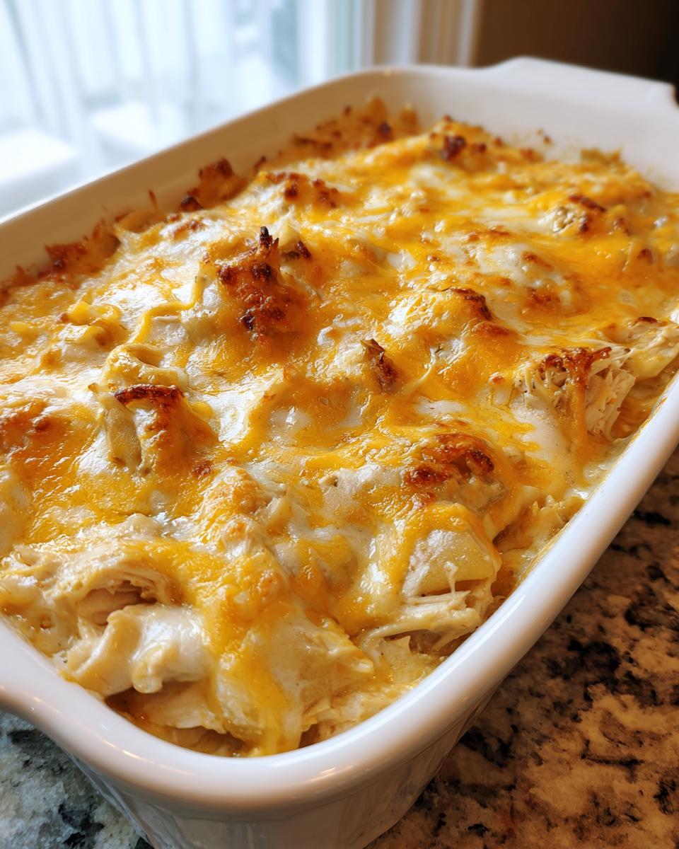 A close-up of a freshly baked Creamy Low Carb Chicken Casserole topped with melted golden cheese.