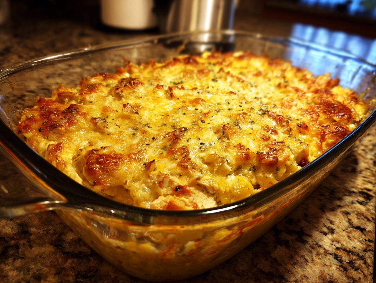 A bubbly, golden-brown baked Creamy Low Carb Chicken Casserole in a glass dish, topped with melted cheese and herbs.