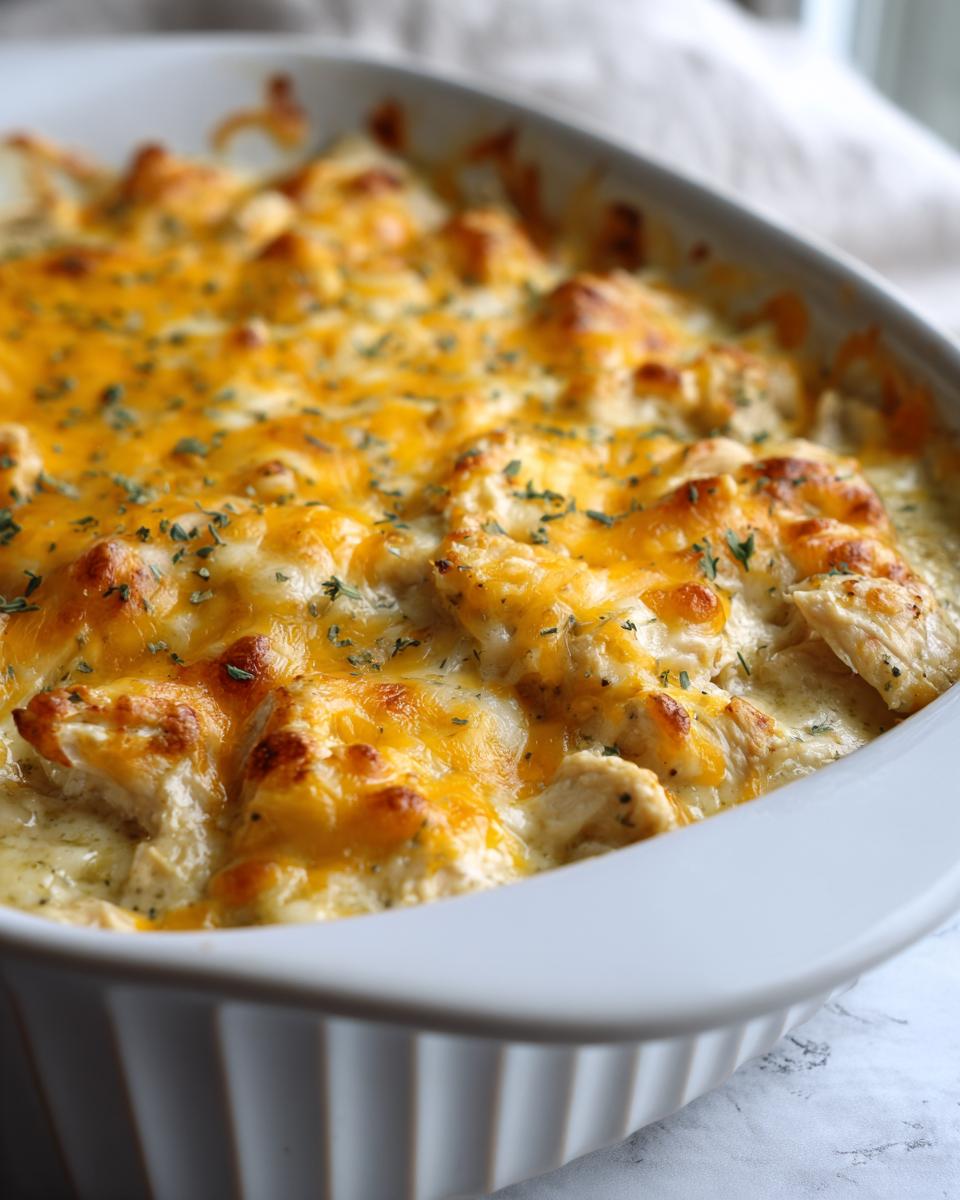 Close-up of a bubbling Creamy Low Carb Chicken Casserole topped with melted cheddar cheese and sprinkled with parsley.