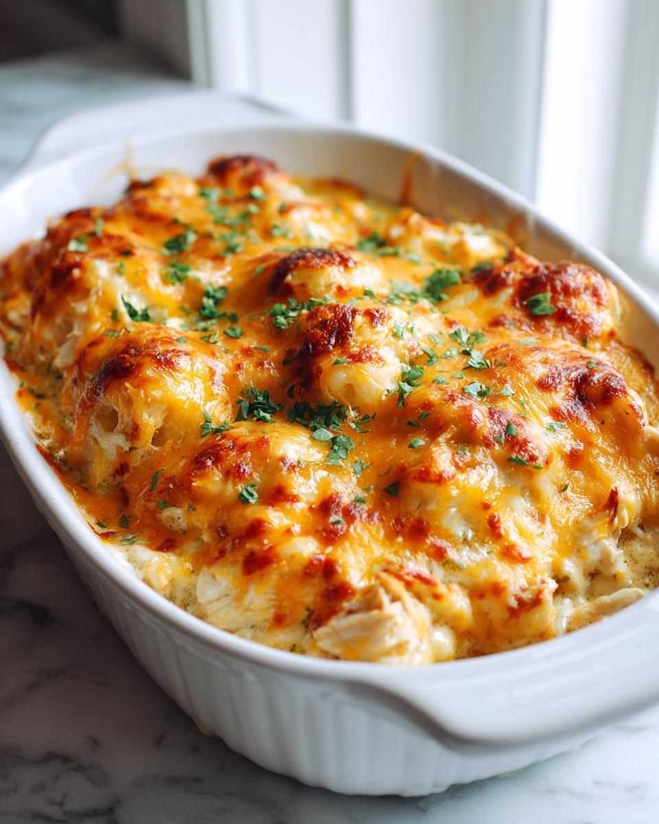 A close-up of a creamy low carb chicken casserole baked in a white dish, topped with melted golden cheese and fresh parsley.