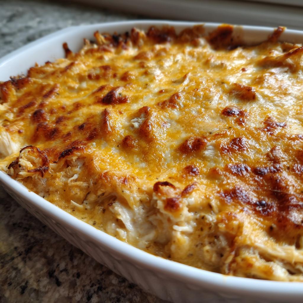 Close-up of a bubbly Creamy Low Carb Chicken Casserole topped with melted, golden brown cheese.