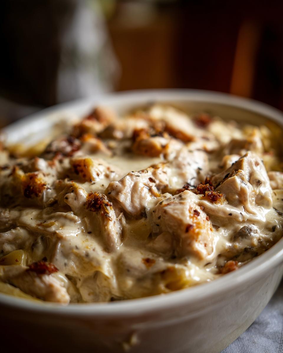 Close-up of a rich and creamy low carb chicken casserole in a white baking dish, topped with browned chicken pieces.