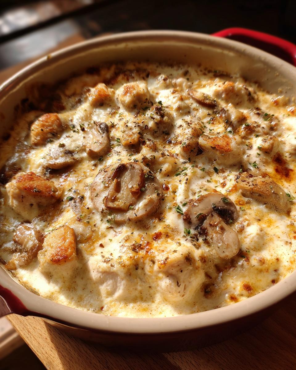 A close-up of a Creamy Low Carb Chicken Casserole baked in a dish, topped with mushrooms and herbs.