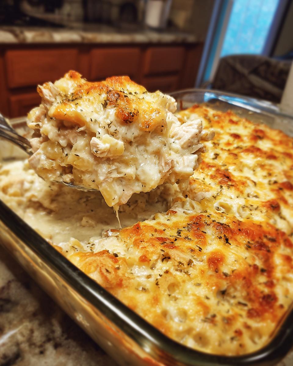 A spoonful of creamy low carb chicken casserole with melted cheese and herbs being lifted from a baking dish.