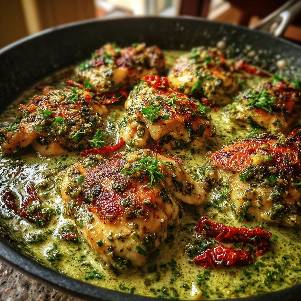 Close-up of pan-seared chicken breasts in a creamy pesto sauce with sun-dried tomatoes.