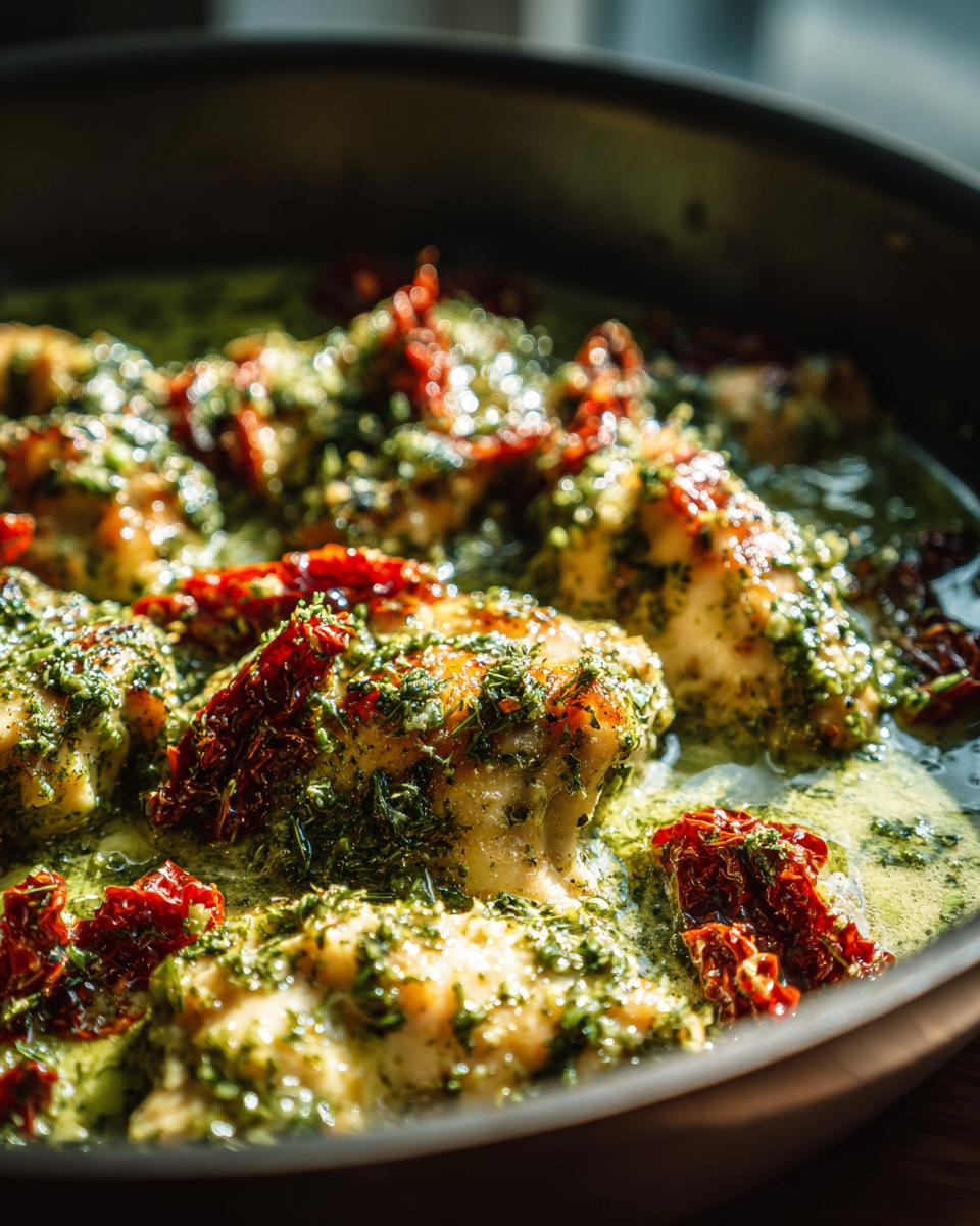 Close-up of juicy chicken breast pieces in a creamy pesto sauce with sun-dried tomatoes in a pan.