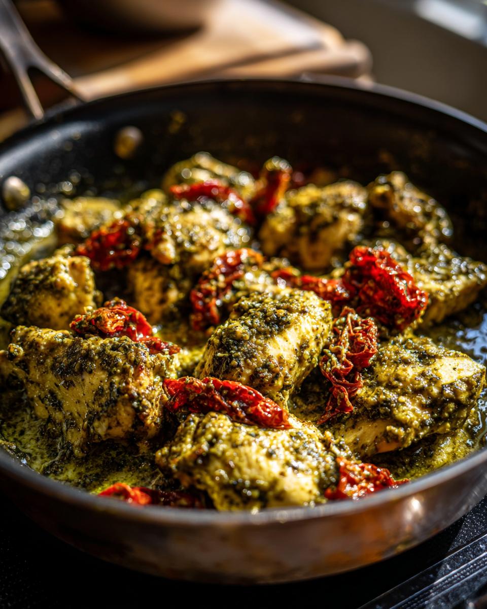 Close-up of chicken breast pieces coated in creamy pesto sauce and topped with sun-dried tomatoes in a skillet.