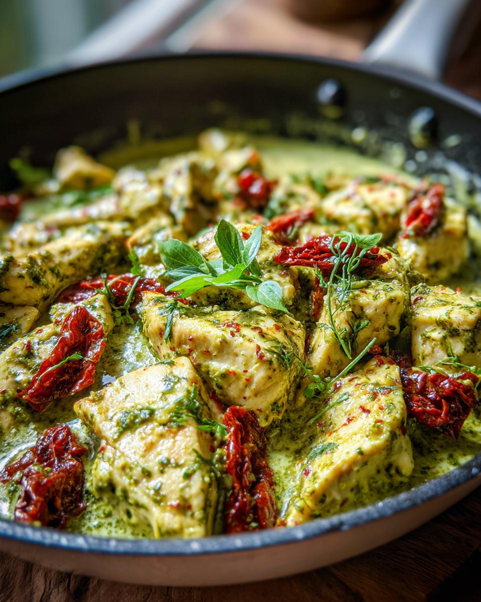 Close-up of tender chicken breast pieces coated in creamy pesto sauce with sun-dried tomatoes in a pan.