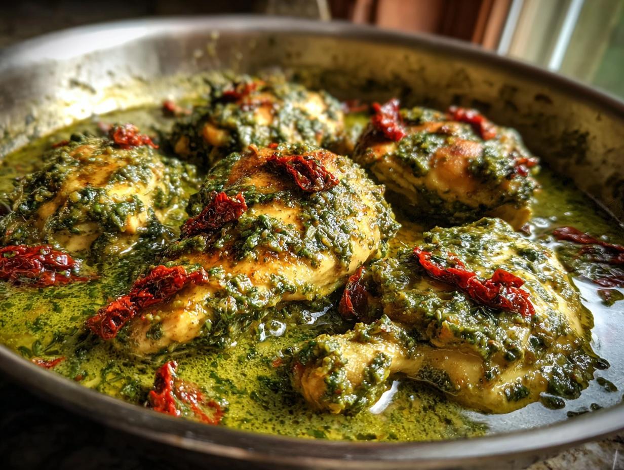 Close-up of juicy chicken breasts cooked in a creamy pesto sauce with sun-dried tomatoes in a pan.