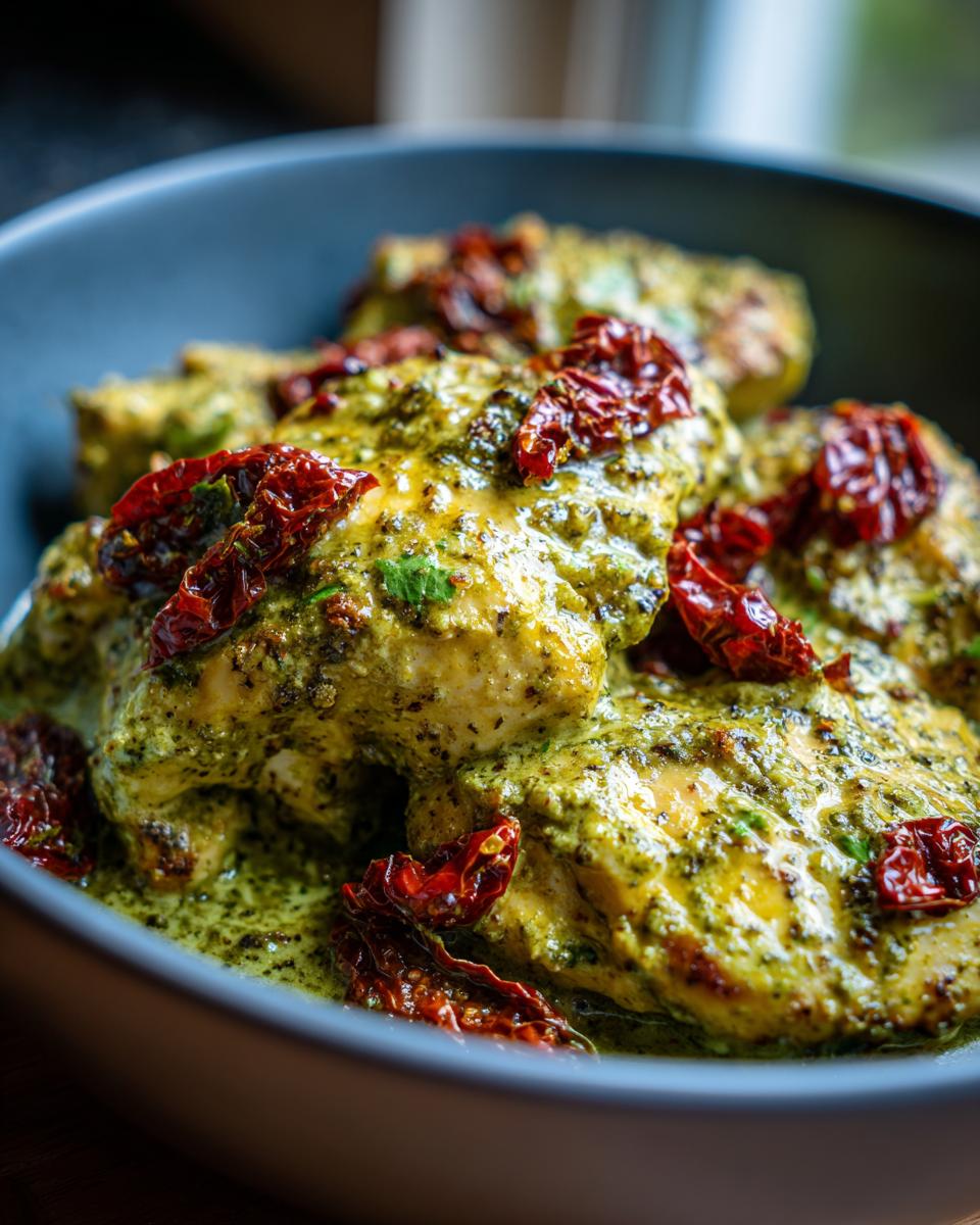 Close-up of creamy pesto chicken breast pieces topped with sun-dried tomatoes in a dark bowl.