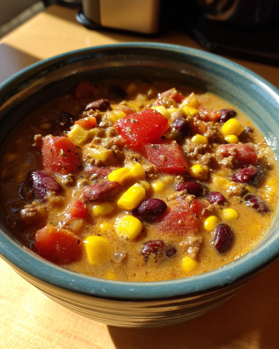 A close-up of a bowl of creamy taco soup, featuring ground beef, kidney beans, corn, and diced tomatoes.