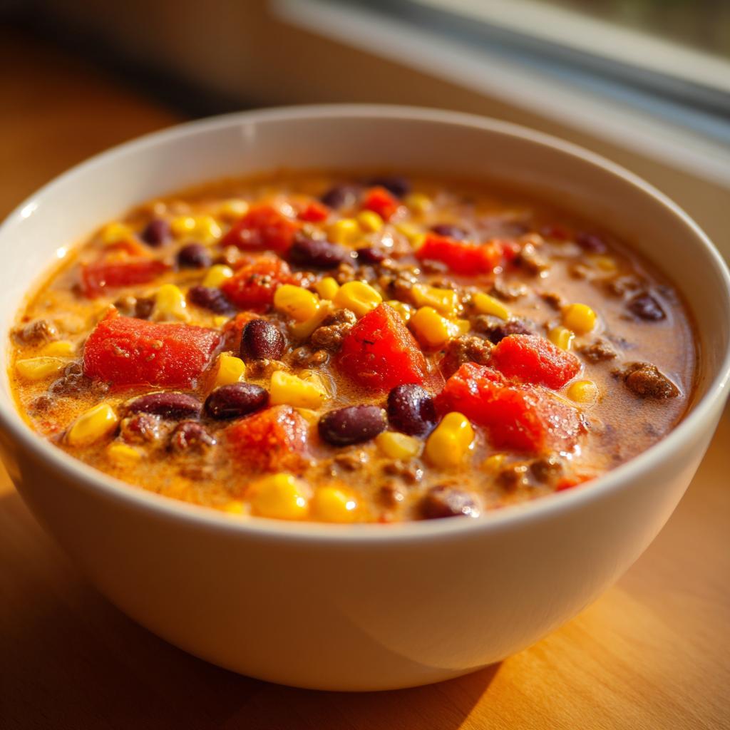 A bowl of creamy taco soup with ground beef, corn, beans, and tomatoes.