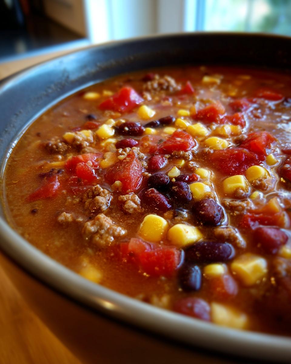 Close-up of a bowl of creamy taco soup, featuring ground beef, kidney beans, corn, and diced tomatoes.