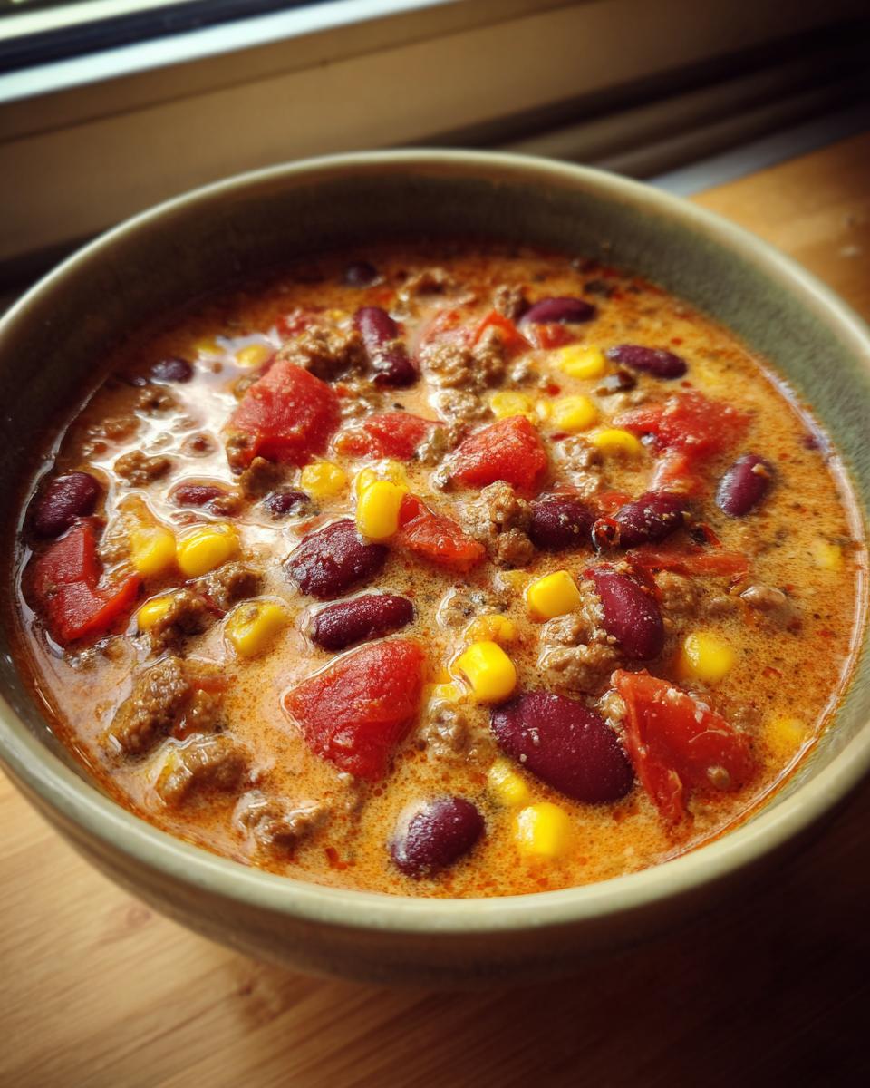 A close-up shot of a bowl of creamy taco soup, featuring ground beef, kidney beans, corn, and diced tomatoes.