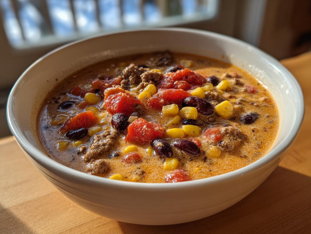 A bowl of hearty and creamy taco soup with ground beef, black beans, corn, and diced tomatoes.