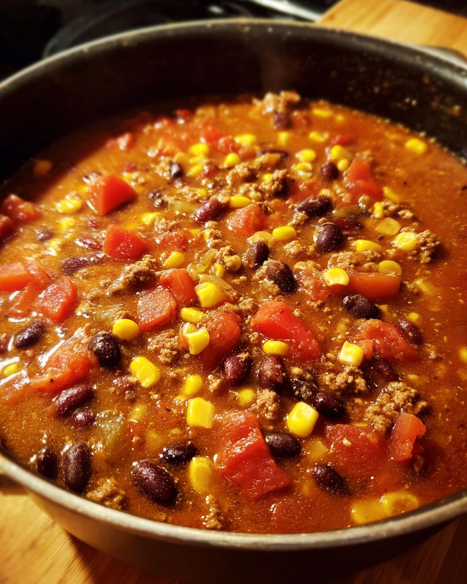 Close-up of a pot filled with creamy taco soup, featuring ground beef, black beans, corn, and diced tomatoes.