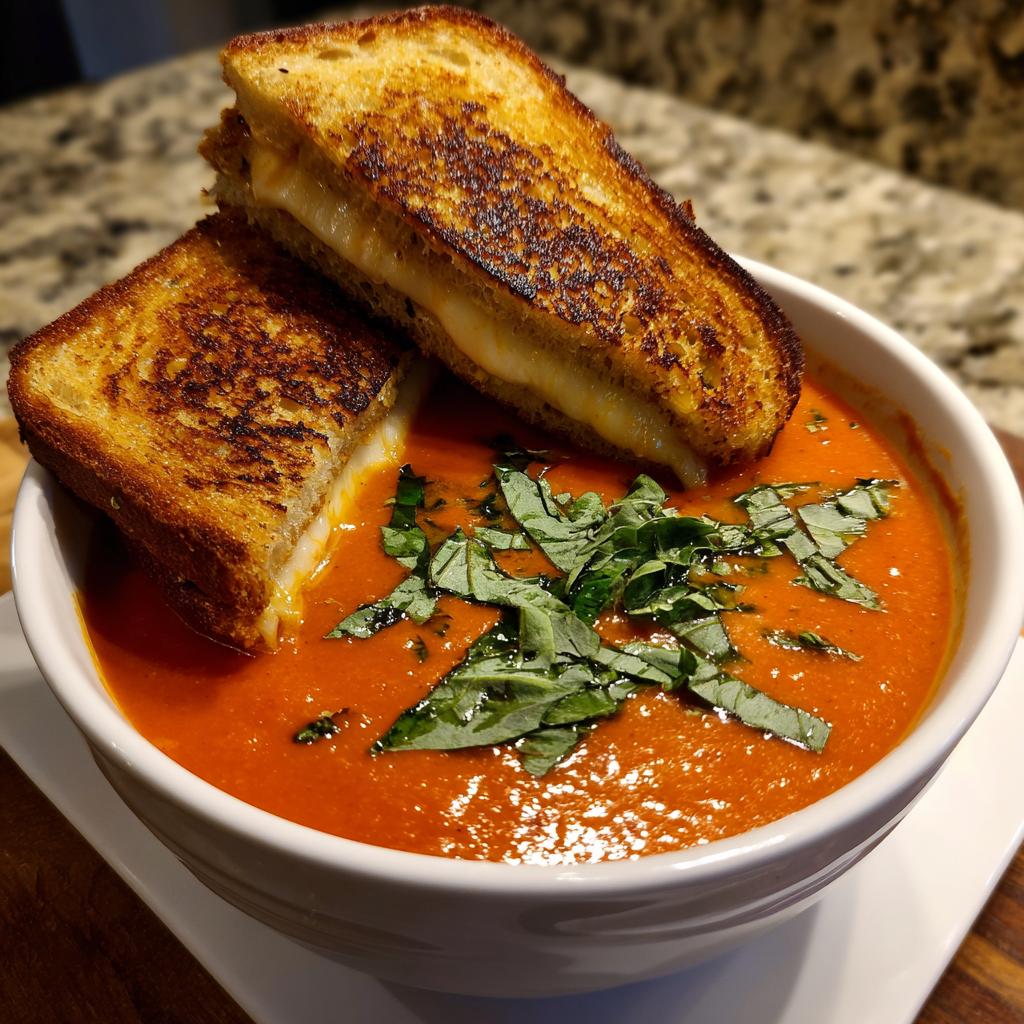 A bowl of creamy tomato basil soup topped with fresh basil, served with a grilled cheese sandwich.