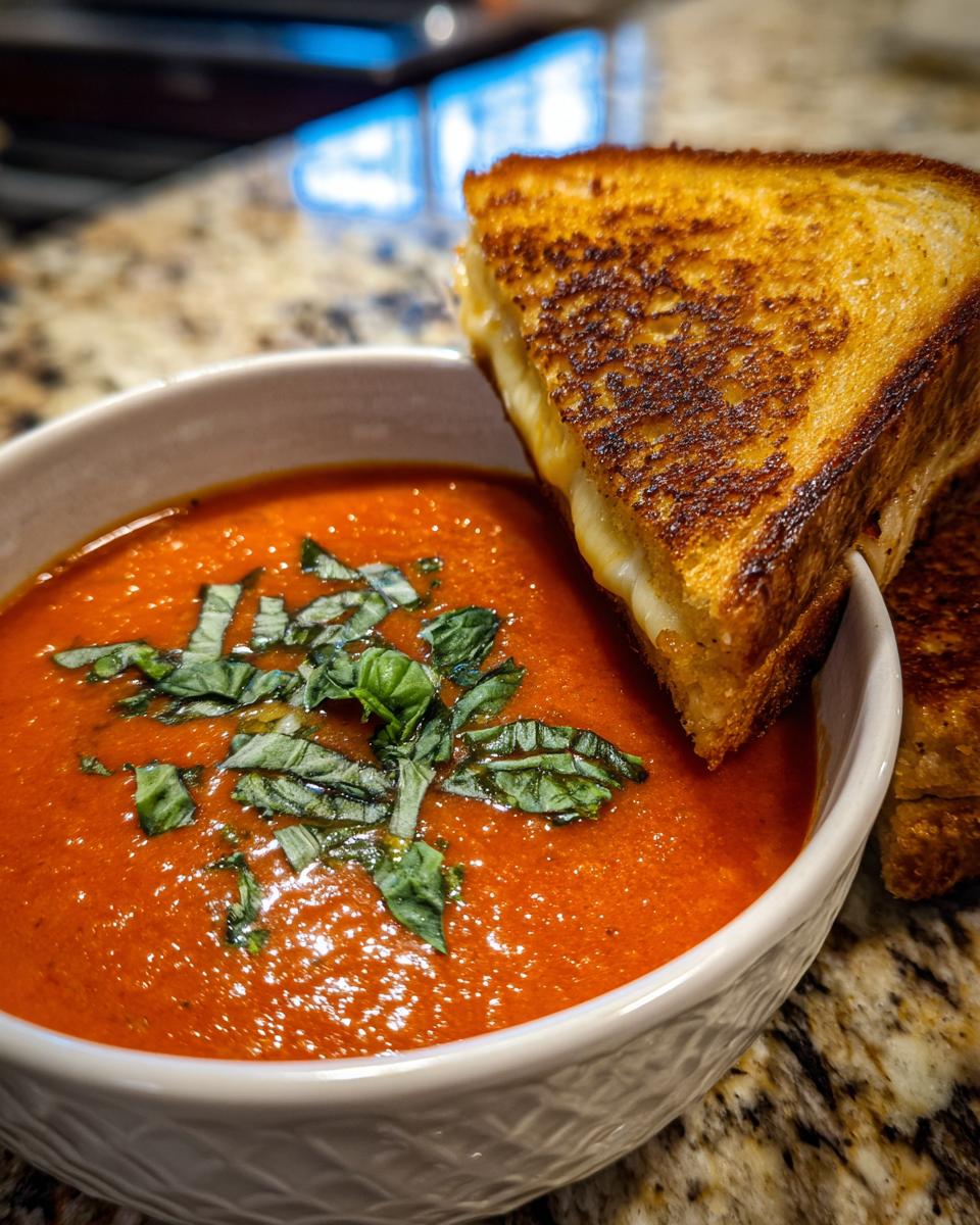 A bowl of creamy tomato basil soup topped with fresh basil, served with a golden brown grilled cheese sandwich.