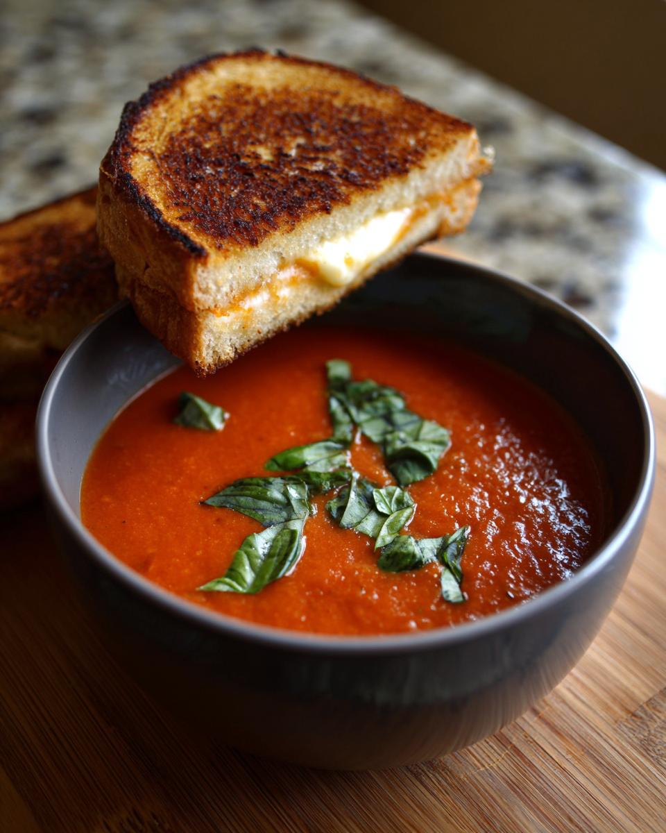 A bowl of creamy tomato basil soup topped with fresh basil, with a grilled cheese sandwich resting on the edge.