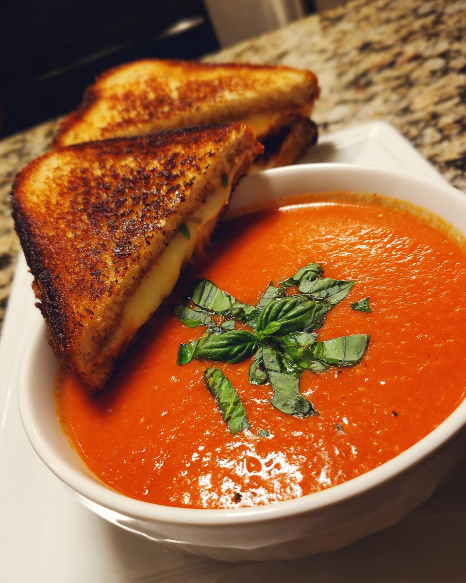 A bowl of creamy tomato basil soup topped with fresh basil, served with a golden-brown grilled cheese sandwich.