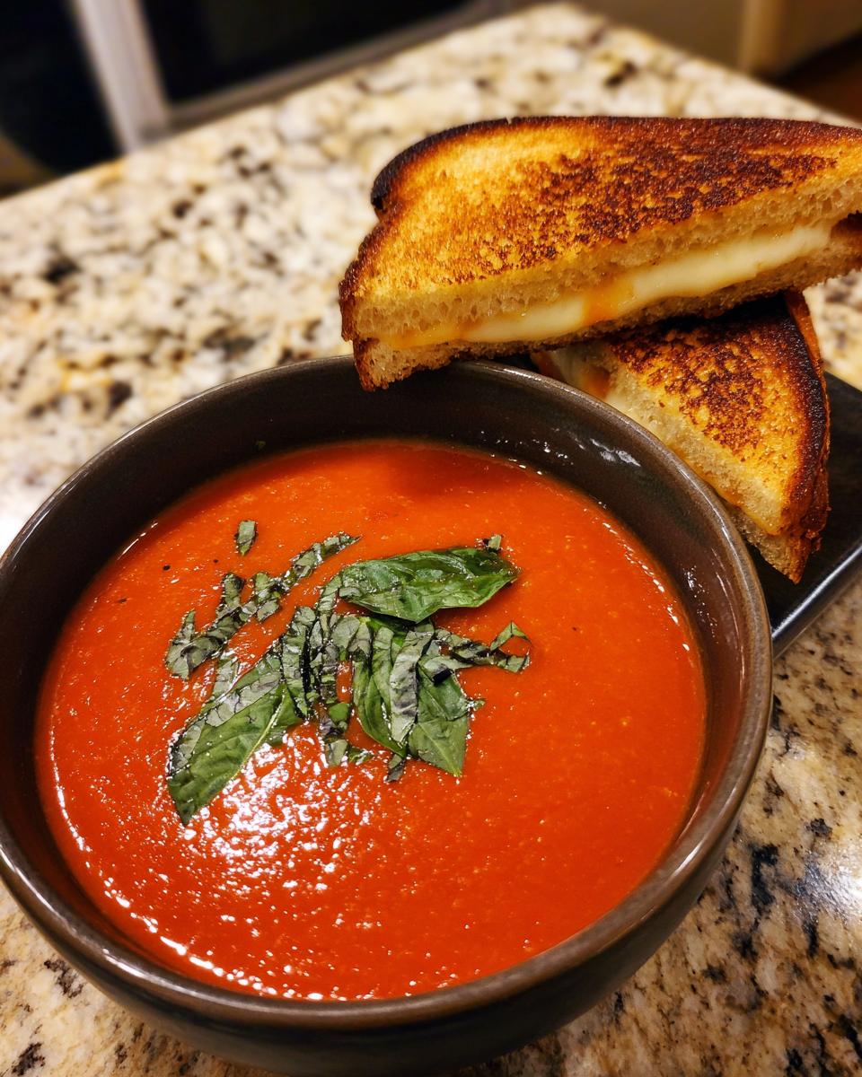 A bowl of creamy tomato basil soup topped with fresh basil, served with two halves of a golden grilled cheese sandwich.