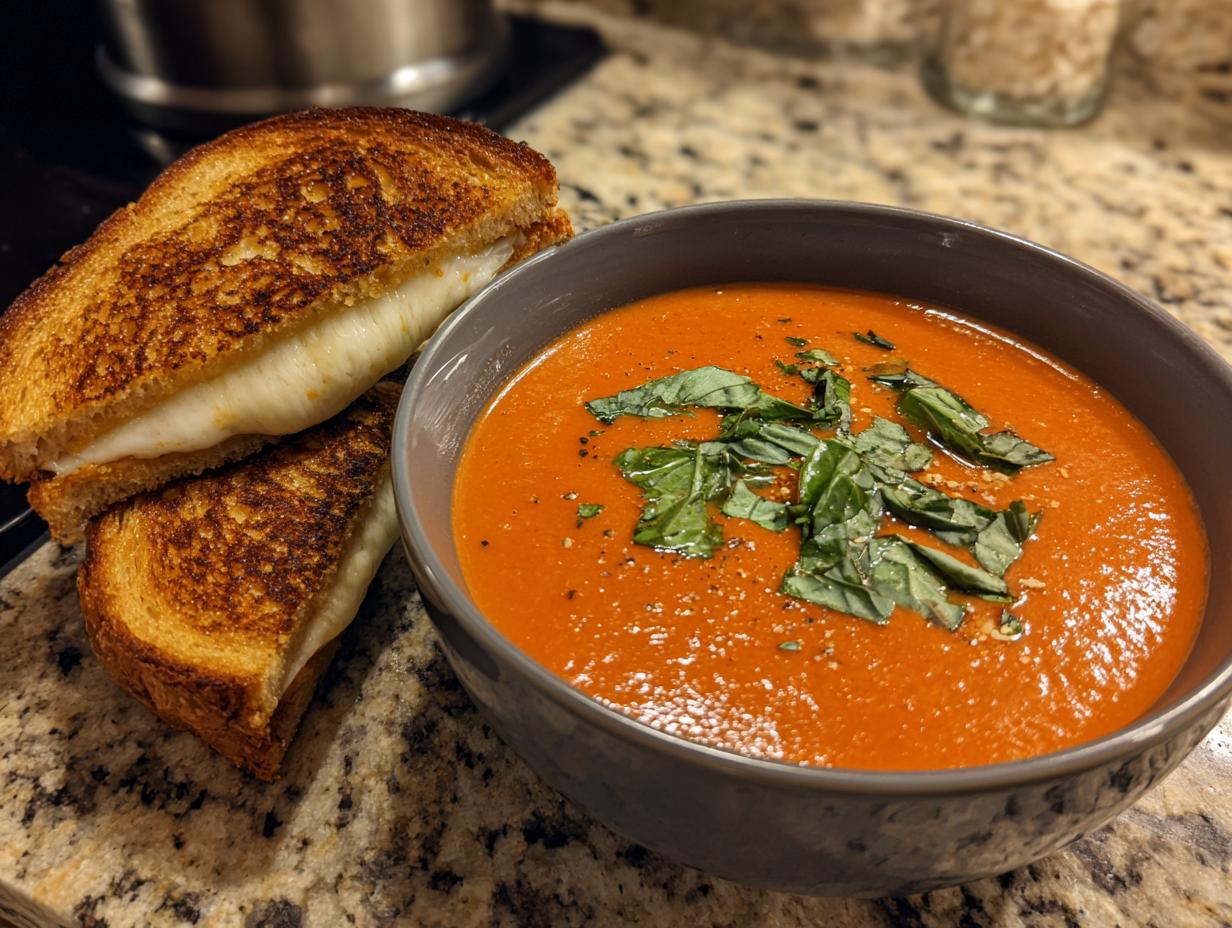 A bowl of creamy tomato basil soup topped with fresh basil, served with a perfectly grilled cheese sandwich.