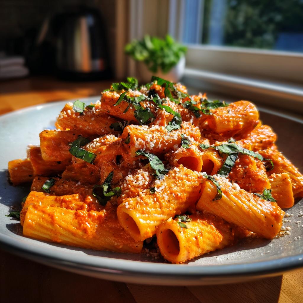 A close-up of creamy tomato rigatoni pasta, garnished with fresh basil and grated cheese.