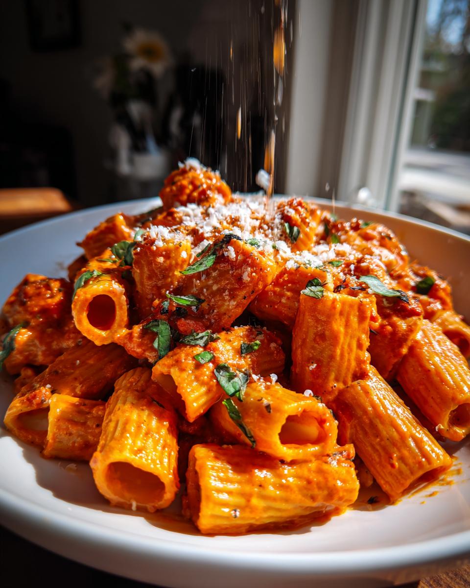 A close-up of a bowl of rigatoni pasta with creamy tomato sauce, garnished with fresh basil and grated cheese.