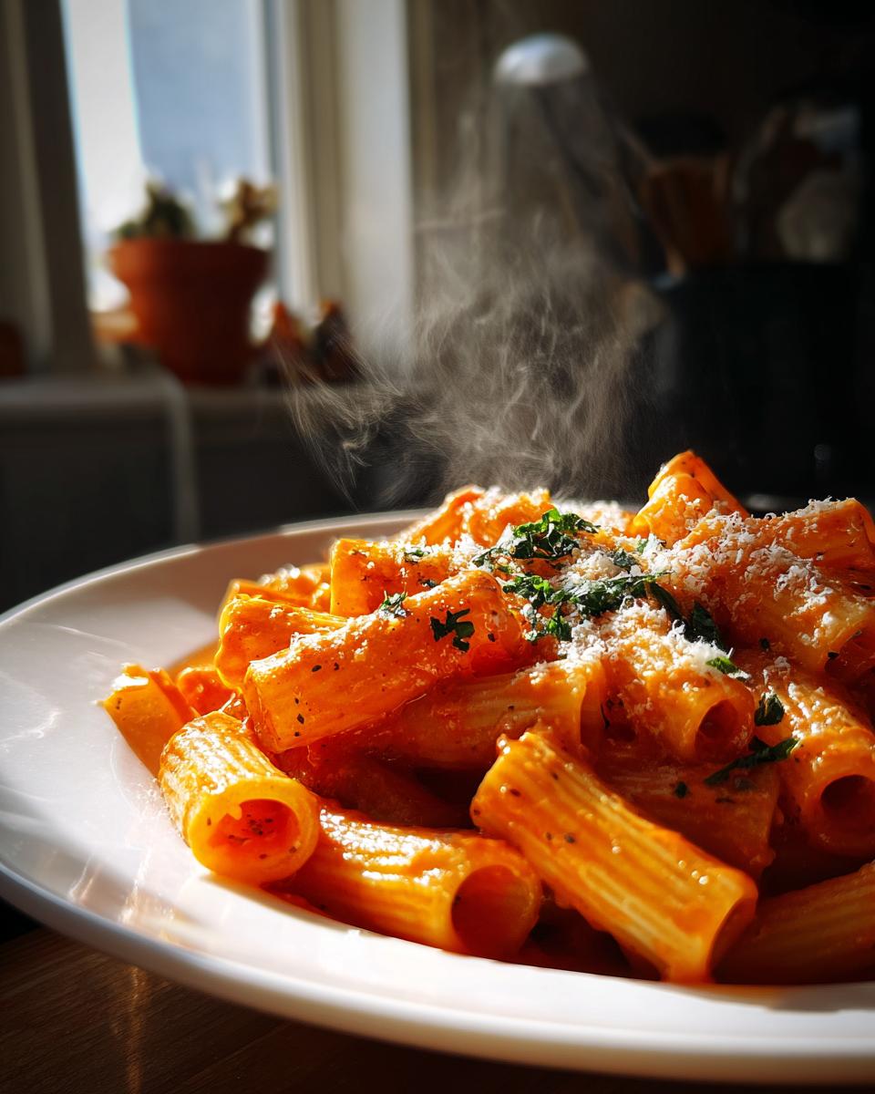 A steaming bowl of creamy tomato rigatoni pasta, garnished with fresh parsley and grated cheese.