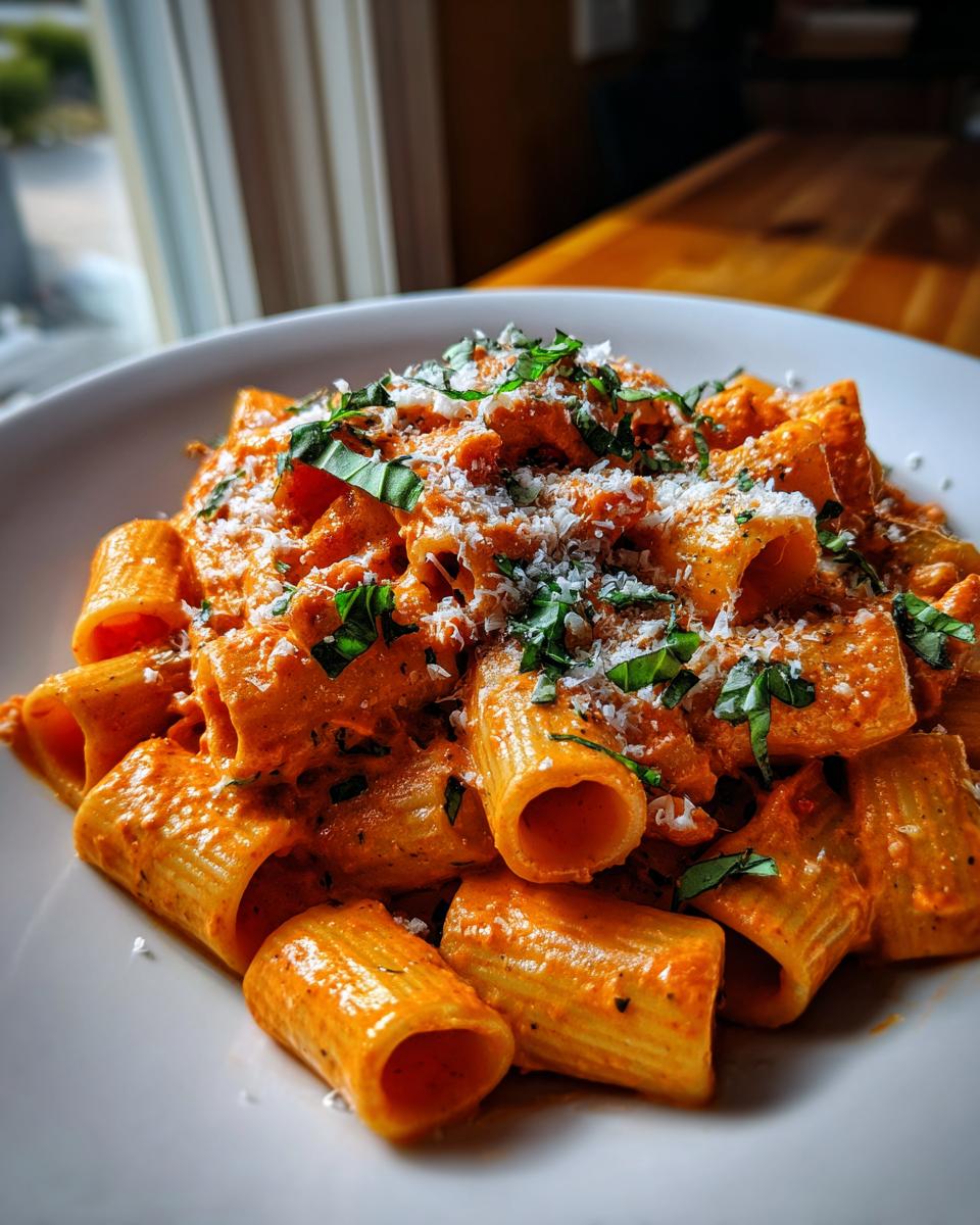A close-up of creamy tomato rigatoni pasta, topped with fresh basil and grated Parmesan cheese.