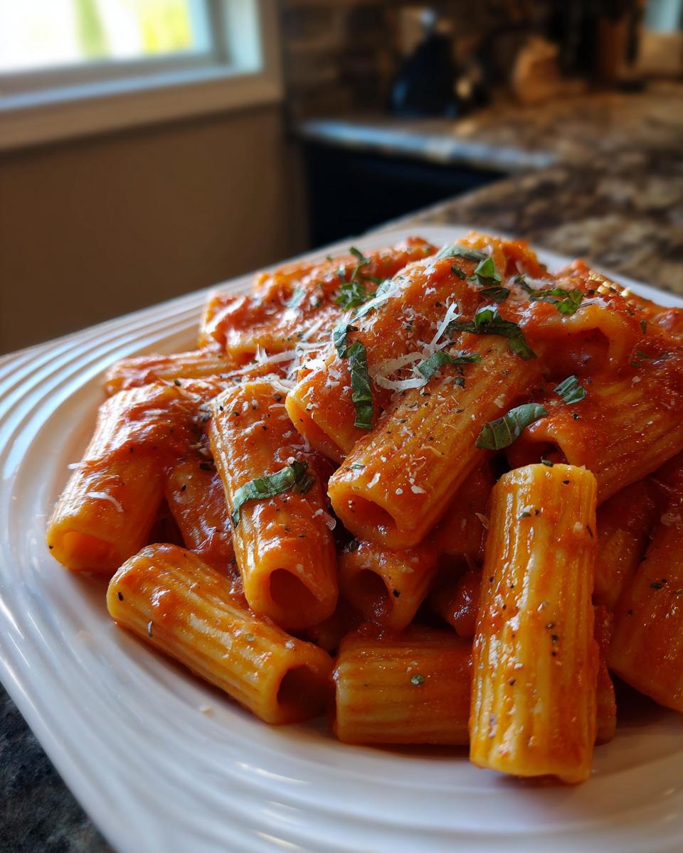 A close-up of creamy tomato rigatoni pasta, garnished with fresh basil and grated Parmesan cheese.