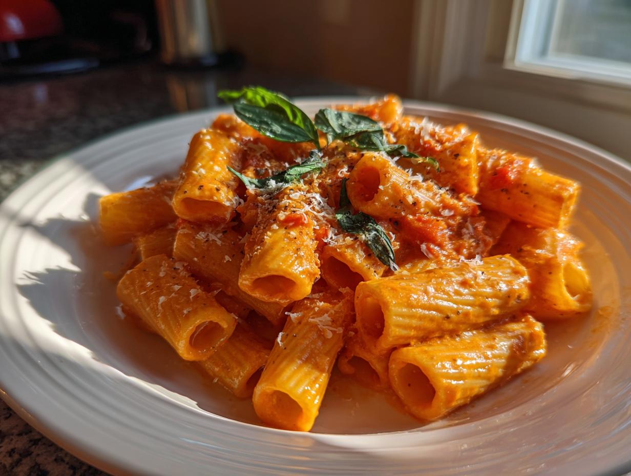 A plate of rigatoni pasta coated in creamy tomato sauce, garnished with fresh basil and grated Parmesan cheese.