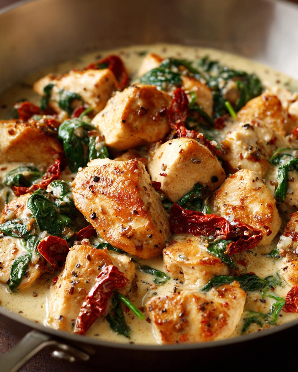 Close-up of pan-fried chicken pieces in a creamy Tuscan sauce with spinach and sun-dried tomatoes.