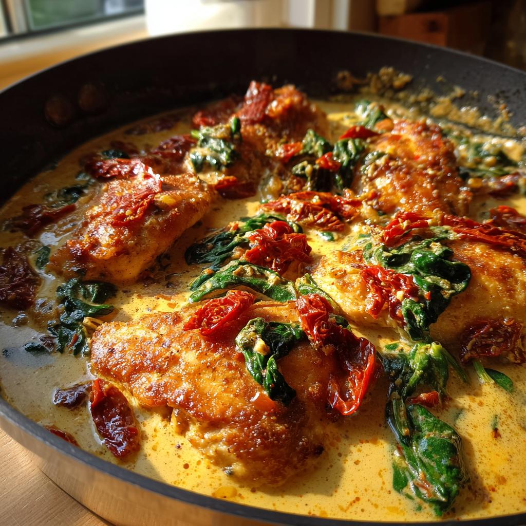 Close-up of pan-seared chicken breasts in a creamy Tuscan sauce with spinach and sun-dried tomatoes.