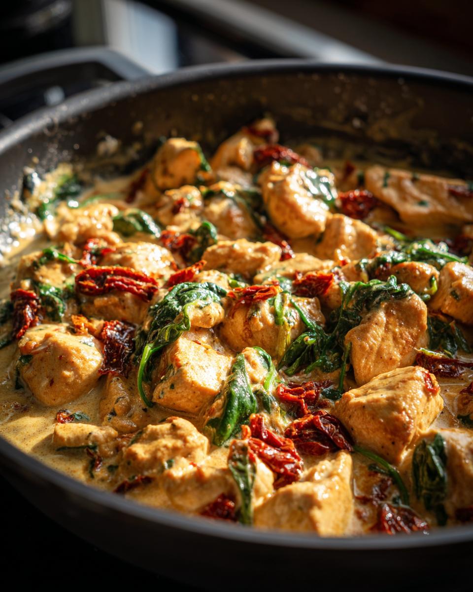 Close-up of creamy Tuscan chicken with sun-dried tomatoes and spinach in a skillet, perfect for easy dinner recipes.
