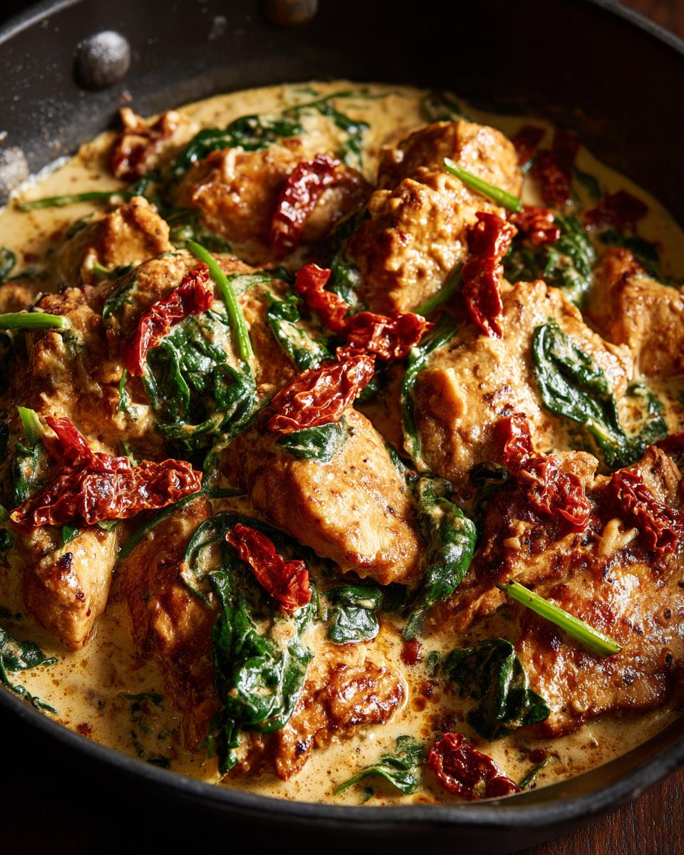 Close-up of tender chicken pieces in a creamy Tuscan sauce with spinach and sun-dried tomatoes.