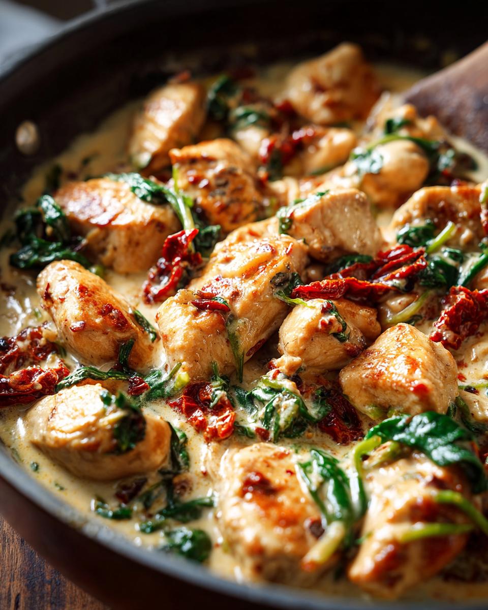 Close-up of Creamy Tuscan Chicken with sun-dried tomatoes and spinach in a skillet.