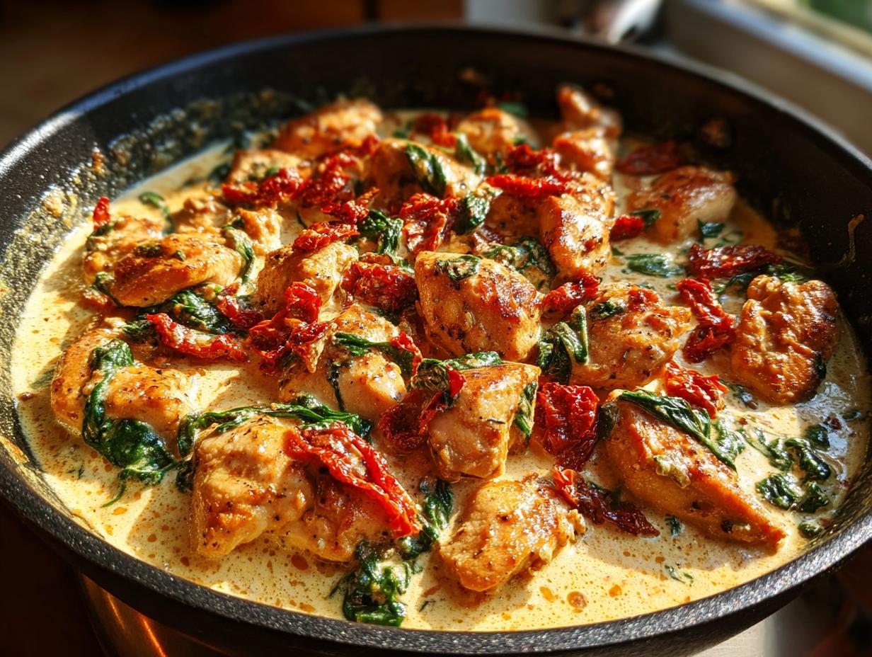 Close-up of Creamy Tuscan Chicken in a skillet with sun-dried tomatoes and spinach.