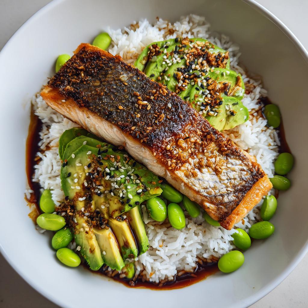 A delicious Crispy Salmon and Rice Bowl topped with sliced avocado, edamame, and sesame seeds.