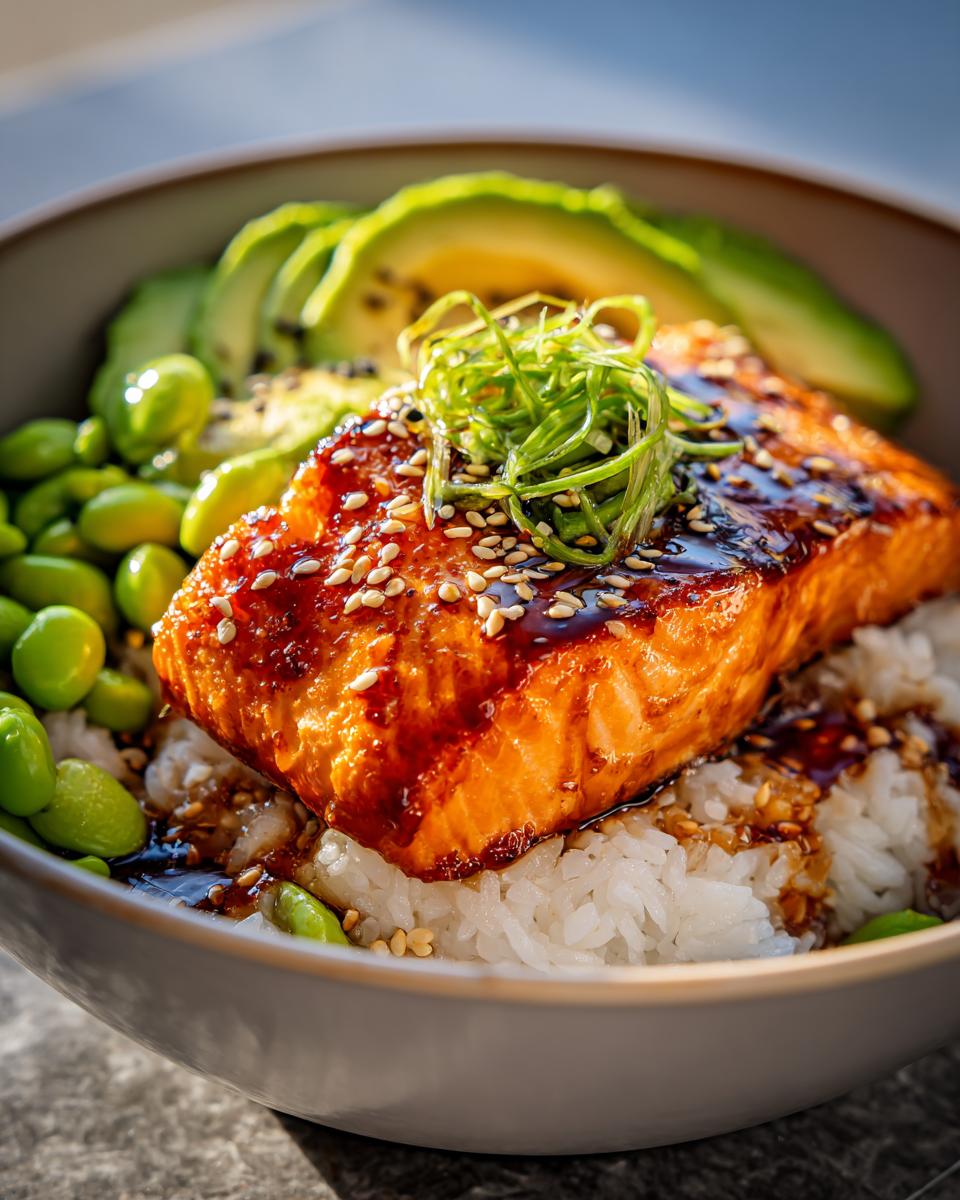 A close-up of a delicious Crispy Salmon and Rice Bowl, featuring a glazed salmon fillet, white rice, sliced avocado, and edamame.