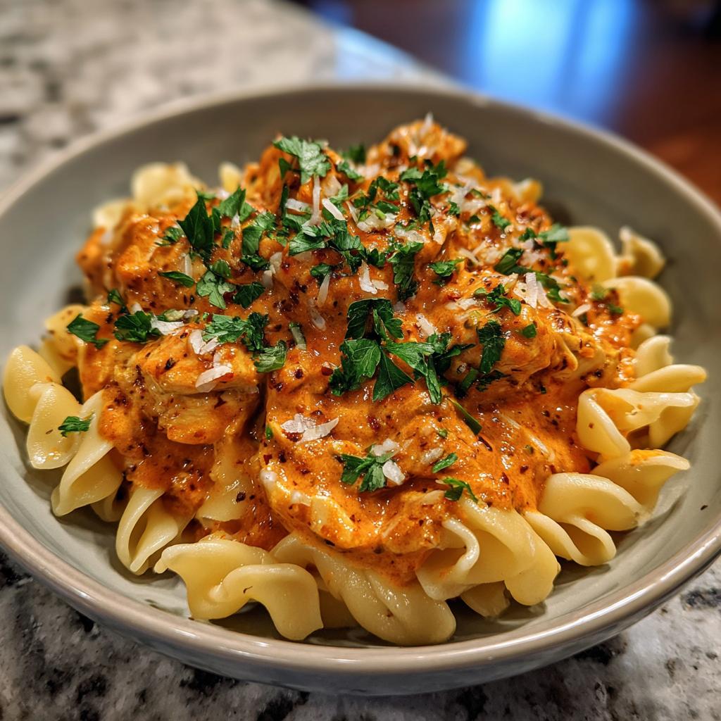 A bowl of Crock Pot Creamy Cajun Chicken Pasta with rotini noodles, topped with fresh parsley and grated cheese.