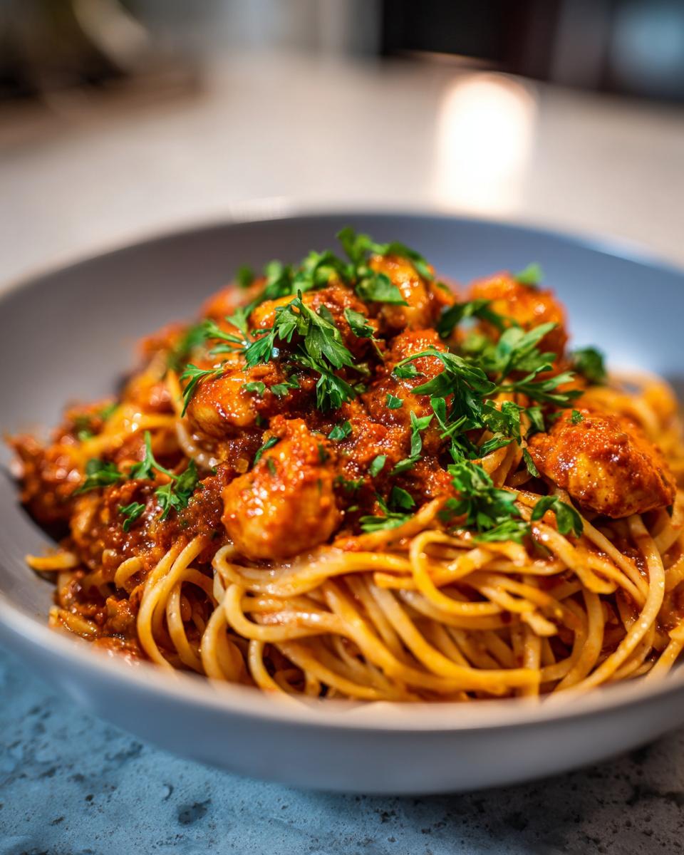 A close-up of Crock Pot Creamy Cajun Chicken Pasta, featuring spaghetti noodles topped with chicken pieces in a rich, red sauce and fresh parsley.
