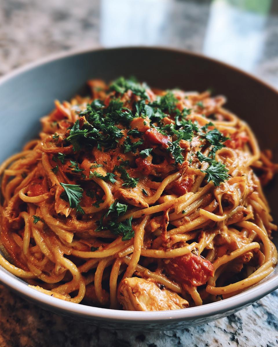 A close-up of Crock Pot Creamy Cajun Chicken Pasta in a bowl, garnished with fresh parsley.